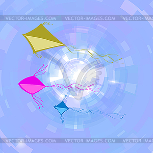 Colored Kites Flying in Blue Sky. Freedom Concept. - vector image