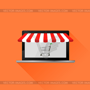 Red White Tent. Open Laptop with Striped Awning. - vector clipart