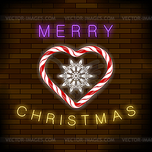 Merry Christmas Colorful Neon Sign with Candy Heart - vector clipart