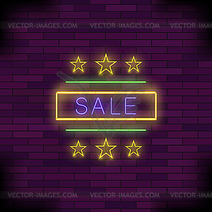 Yellow Neon Sale Sign with Round Frame and Stars - vector image