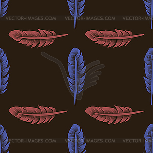 Blue Red Feathers Seamless Pattern - vector image