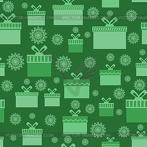 Зеленая оберточная рождественская бесшовная бумага с коробками - векторный эскиз