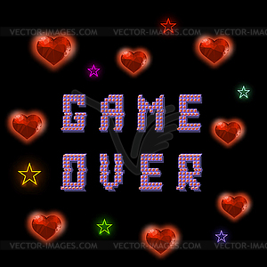 Пиксель Game Over Sign с сердцами на черном фоне - рисунок в векторном формате