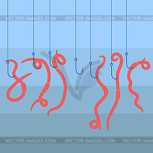 Animal Earth Red Worms for Fishing on Blue - vector clipart