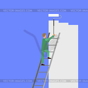 Painter with Roller Painting Wall. Worker on - vector image