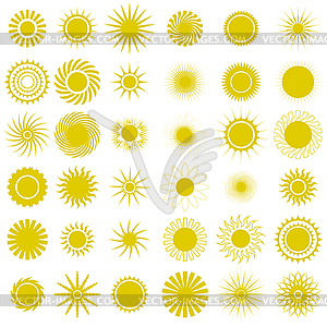 Yellow Sun Icons. Sparkling Star, Glowing Light - vector clip art