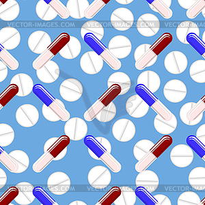 Colorful Pills Seamless Pattern on Blue Background - vector image