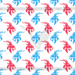 Horned Goats Seamless Pattern . Red Blue - vector clipart