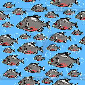 Cartoon Piranha Fish Swimming Seamless Pattern on - vector clipart / vector image