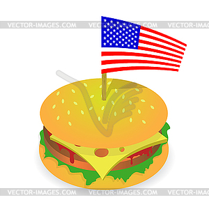 Street Fast Food. Fresh Hamburger and American Flag - vector clipart