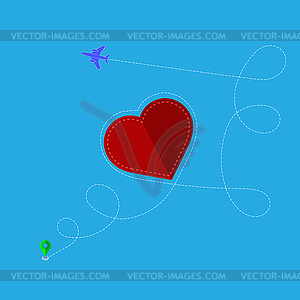 Airplane Flying on Blue Sky Background. Dotted Rout - vector image