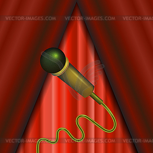 Retro Gold Microphone Icon on Red Curtain Background - vector clipart