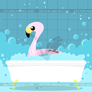 Inflatable Pink Flamingo Toy on Bath Background. - vector clip art