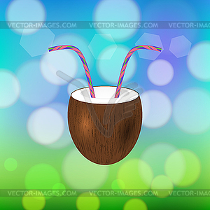 Coconut Juice with Straw on Colored Blurred - color vector clipart