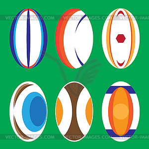 Set of Different Colored Rugby Balls on Green - vector image
