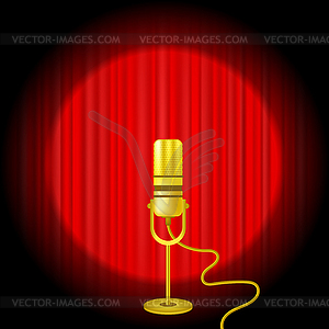 Gold Microphone Icon on Red Curtain Background - vector clip art