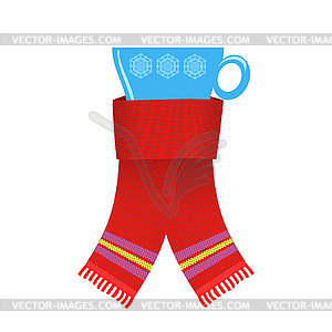 Red Knitted Scarf and Blue Cup of Coffee or Tea - vector clipart