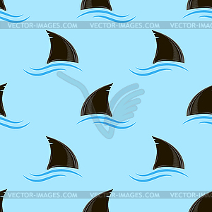 Shark Fin Silhouette Icon and Blue Waves on Blue - vector clipart