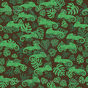 Green Chameleon and Monstera Leaves on Brown - vector image