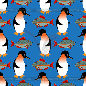 Fishing seamless pattern. Penguin with fresh fish - vector clipart