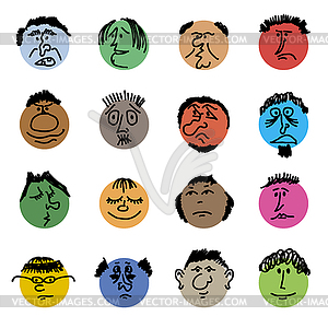 Цветные каракулевые головки. Круглые комические лица с различными - векторный клипарт