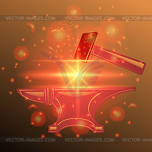 Anvil and Hammer Icon with Yellow Red Flash and - vector image