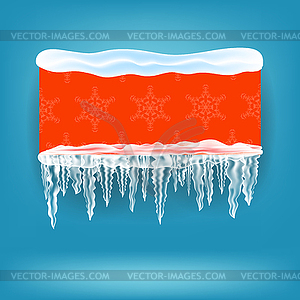 Snow Ice Frame and Red Banner on Blue Background. - vector clip art