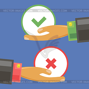 Adult Man Holding Right and Wrong Cornered White - vector image
