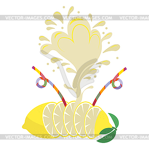 Fresh Yellow Lemon with Green Leaves and straw. - vector image