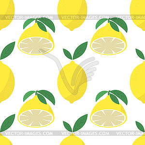 Fresh Yellow Lemon with Green Leaves. Seamless - vector image