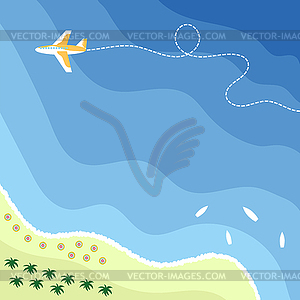 Tropical beach. Travel and vacation. Airplane line - vector clipart