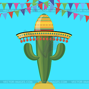 Green cactus with traditionally mexican sombrero. - vector image