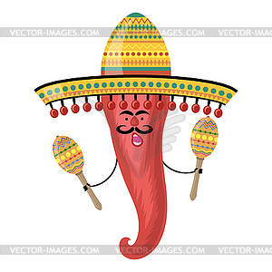 Mexican red pepper with sombrero and maracas. - vector image