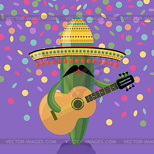 Green cactus with musical guitar. Cinco de mayo - vector image