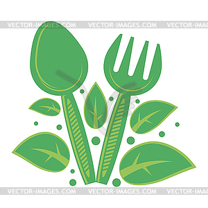 Healthy food icon with spoon, fork and green leaves - vector clipart