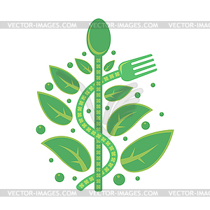 Healthy food icon with spoon, fork and green leaves - vector clip art