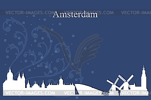 Amsterdam city skyline silhouette on blue background - vector clipart