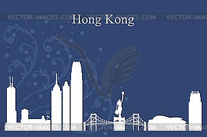 Hong Kong city skyline silhouette on blue background - vector clip art