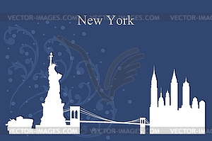 New York city skyline silhouette on blue background - vector image