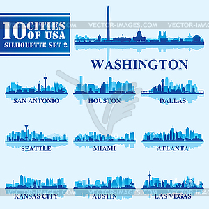 Силуэты городов США Набор 2 на синем фоне - векторный эскиз