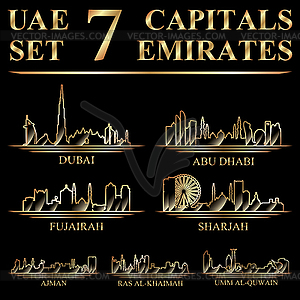 All capital cities of United Arab Emirates in gold - vector image