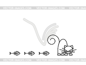 Cat Print. Funny kitten playing with fish - vector clipart