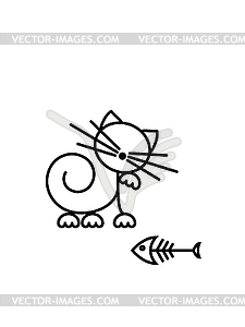 Cat Print. Funny kitten playing with fish. - vector clip art