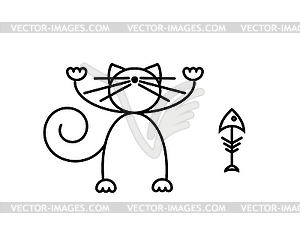 Cat Print. Funny kitten playing with fish. - vector clipart