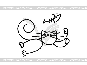Кошачья печать. Забавный котенок играет с рыбой. - изображение в векторном формате