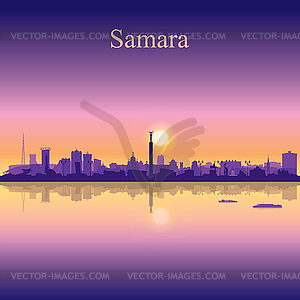 Samara city silhouette on sunset background - vector image