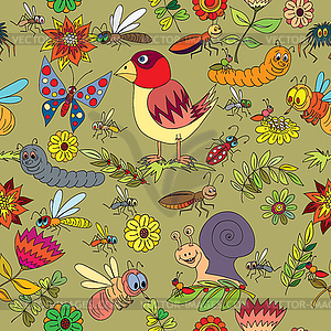 Seamless pattern. Plants, insects - vector clipart