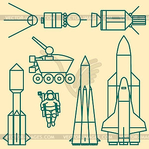 Linear set of icons relating to space exploration - vector clipart