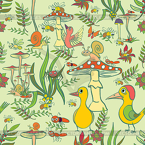 Seamless pattern. Plants, insects, and fungi - vector clipart