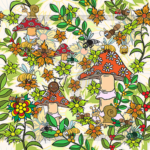 Seamless pattern. Plants, insects, and fungi - vector image